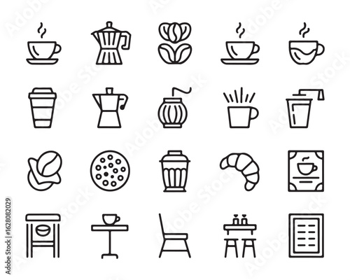 Collection of black line art icons representing coffee shop elements and beverages cafe drink