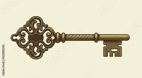Ornate antique key with intricate design on cream background
