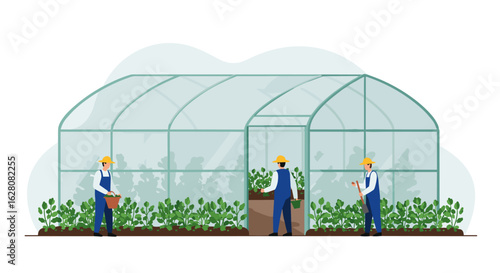 Greenhouse farming with workers tending plants in a modern agricultural setting