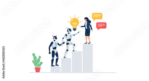 Collaborative future: humans and robots working together in business growth concept