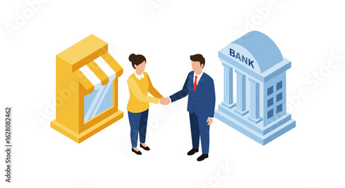 Business agreement between small business owner and bank in isometric style