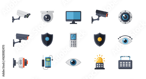 Modern surveillance and security icons set in flat color design
