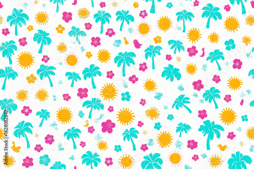 Vacation Vibes Seamless Background with Hand-Drawn Palm Trees, Birds, Sunshine, and Tropical Summer Pattern
