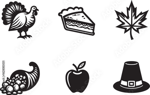 Thanksgiving icons turkey pie maple leaf cornucopia apple pilgrim hat