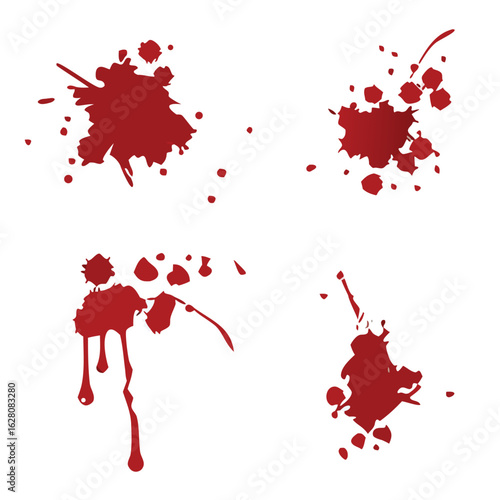 Set of four different splatter blood stain elements in red color with drips isolated on white background