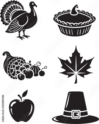 Celebrate Thanksgiving with turkey, pie, harvest, and pilgrim hat icons