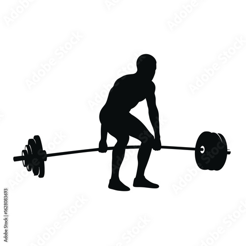 Silhouette of a man lifting a barbell in a deadlift position isolated on white background, showcasing strength, fitness, and bodybuilding in a gym workout session