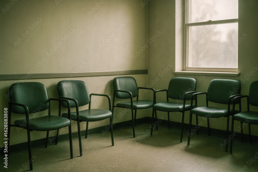 Moody interior of an empty waiting room bathed in dim natural light, lined with green chairs against a pale wall—evoking themes of loneliness, anticipation, uncertainty, and emotional vulnerability Moody interior of an empty waiting room bathed in dim natural light, lined with green chairs against a pale wall—evoking themes of loneliness, anticipation, uncertainty, and emotional vulnerability
