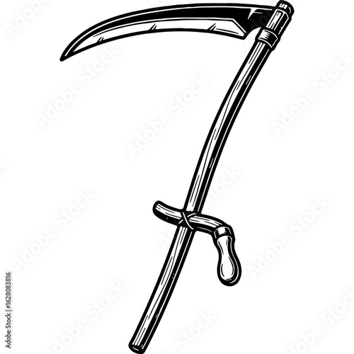 Traditional Scythe Hand Tool Engraving. Classic Farm Implement for Harvesting and Mowing. Vintage Agriculture Vector Illustration.