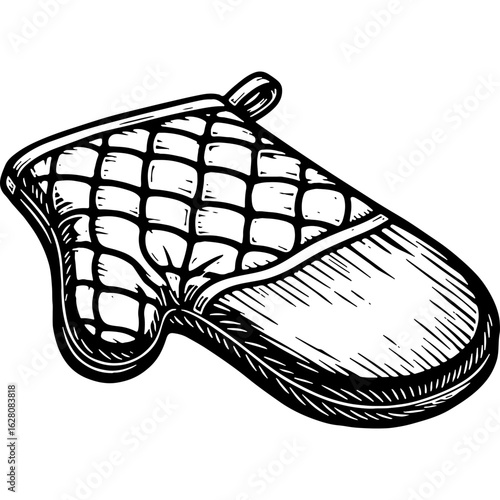 Vintage style oven mitt illustration in black and white, hand-drawn kitchen accessory for cooking and baking safety.