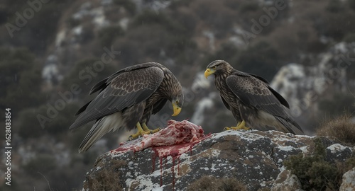 Two Eagles Devouring Prey on a Rocky Outcrop