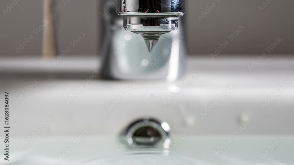 Macro shot of bathroom tap dripping in slow motion, clear droplets forming and falling, realistic lighting, minimalism. Macro shot of bathroom tap dripping in slow motion, clear droplets forming and falling, realistic lighting, minimalism.
