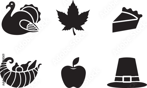 Festive Thanksgiving icons turkey pie cornucopia apple pilgrim hat