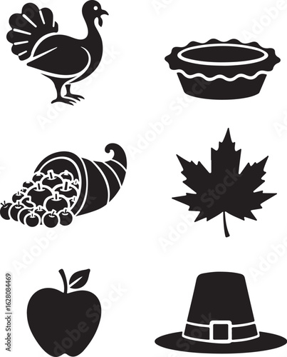 Thanksgiving icons turkey pie cornucopia apple leaf pilgrim hat