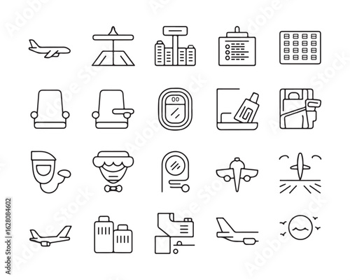 Collection of thin line icons representing air travel and related services airplane aircraft