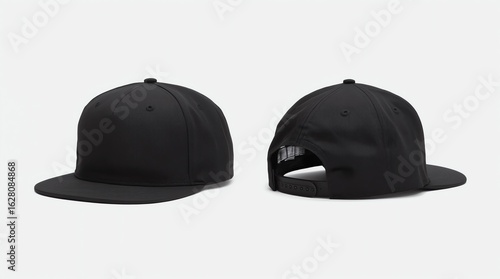 Black plain snapback 5 panel isolated on white background. ready for your mock up design or presentation your project. 