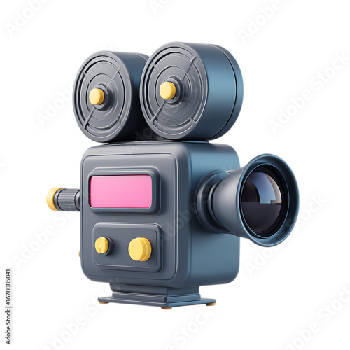 3d icon of vintage video camera with film reels, lens, and buttons, isolated on transparent background