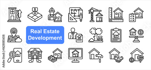 Real Estate Development icon collection set Building, Land, Builder, Blueprint, Construction, House, Location, Agent, Mortgage, Real estate.