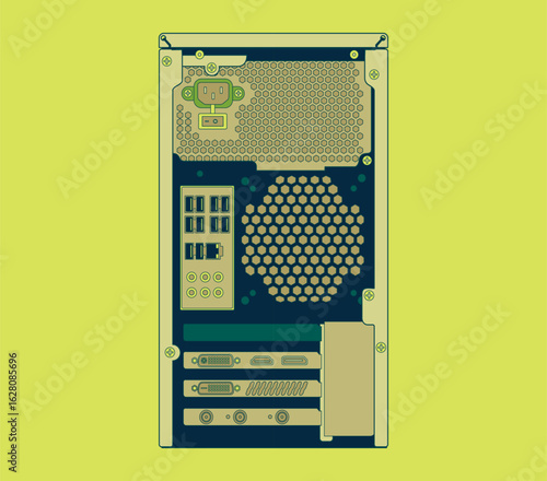 Colorful illustrated back panel of a computer tower. Featuring various ports against yellow background. Unique design element for technology design.