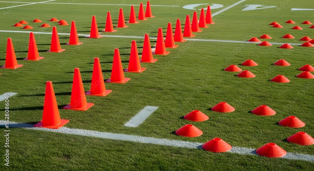 Obraz premium Orange cones arranged in patterns on a grassy field, likely for sports training.
