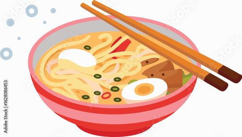 Illustration of a bowl of ramen with noodles, eggs, and chopsticks resting on the bowl edge