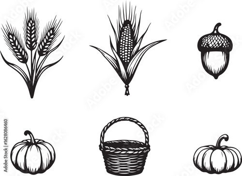 Harvest bounty icons wheat corn pumpkin acorn basket fall