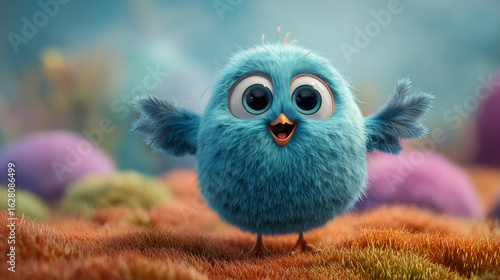 A fluffy blue bird with big eyes standing in a field with outstretched wings