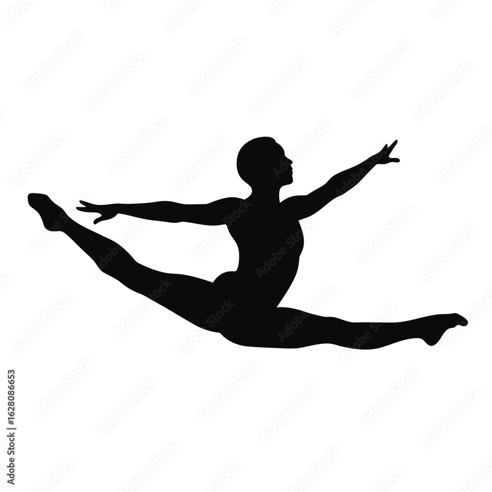 Obraz premium Silhouette of a gymnast performing a split leap isolated on white background, showcasing flexibility, balance, and artistic movement in gymnastics