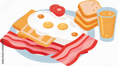 Illustration of a breakfast plate with bacon eggs toast waffles tomato and orange juice drawing style