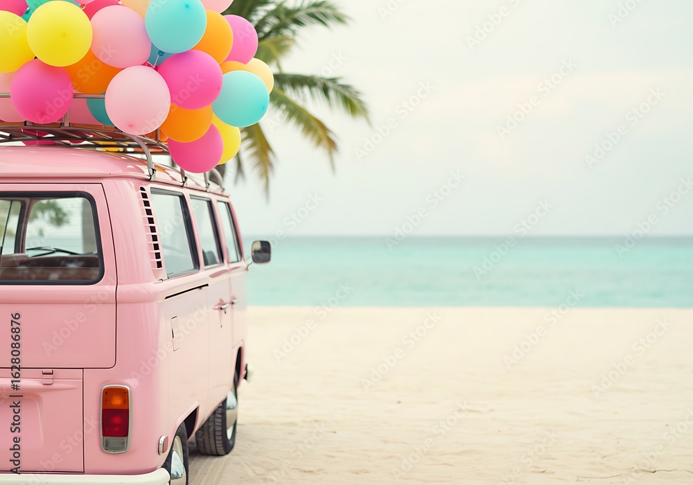 Fototapeta premium Pink Camper Van with Colorful Balloons on a Tropical Beach. Generative Ai