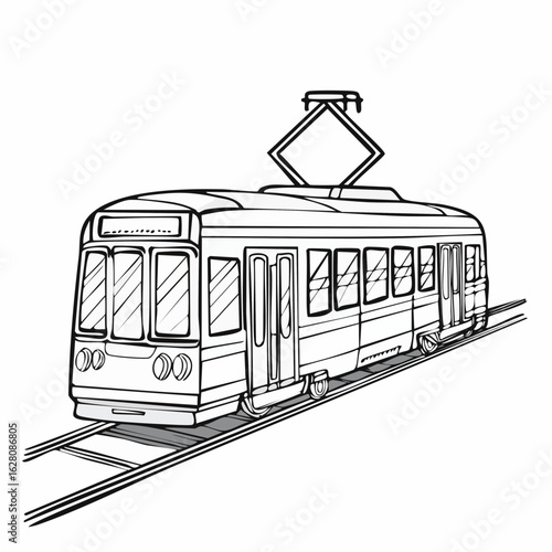 Detailed monochrome line drawing showcases a vintage tram on railway tracks, elegant design