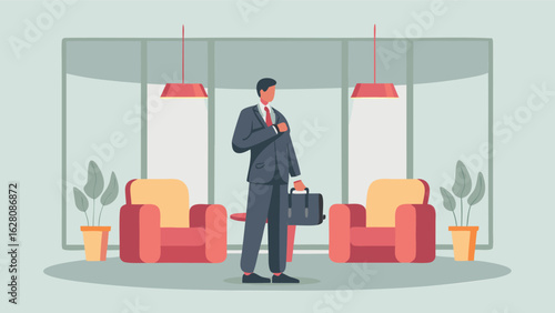 Illustration of a businessman standing in a waiting room with chairs and plants and hanging lights