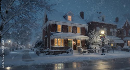 Winter Wonderland: Snow-Covered House with Icicles and Street Lights.