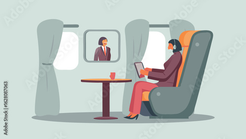 Woman in armchair using tablet on train next to table and video call with another woman seen
