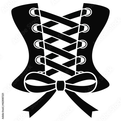 Elegant woman's corset with criss-cross lacing and a decorative bow at the waist. Black silhouette vector icon.