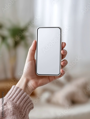 Showcase your mobile app with this modern phone held by a cozy sweater-wearing influencer
