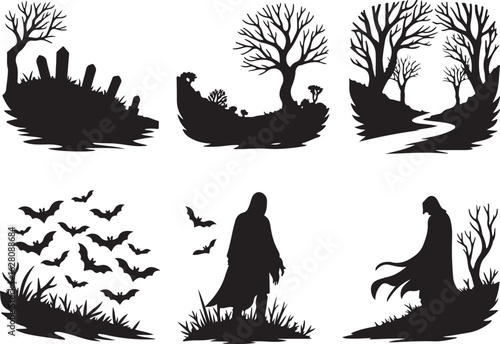 Spooky Halloween silhouettes with ghosts, bats, and haunted landscapes
