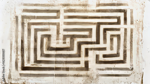 Abstract maze drawing on aged paper creates a complex, thought-provoking puzzle. This distressed graphic offers a vintage and challenging design.
