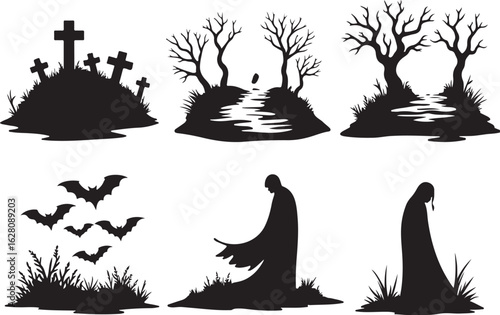 Spooky Halloween silhouettes: graves, grim reapers, bats, trees