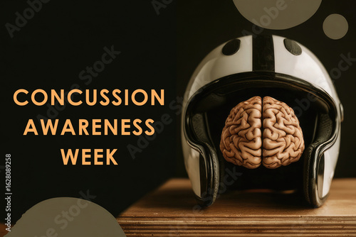 Concussion Awareness Week with brain model inside motorcycle helmet