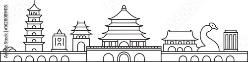 Beijing Skyline Silhouette Vector Illustration with Traditional Chinese Architecture