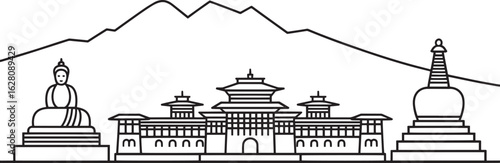 Bhutanese Architecture and Landscape Line Art Illustration with Mountains and Stupa Outline Design