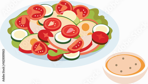 A vibrant salad with tomatoes zucchini and lettuce served with a side of creamy dressing on a white plate