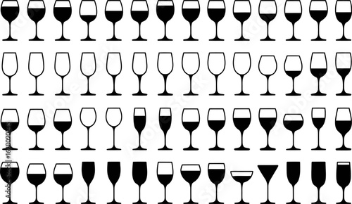 Collection of various wine and champagne glasses in a clean modern illustration