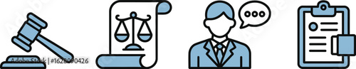 Law and justice icons representing legal proceedings and professional advice
