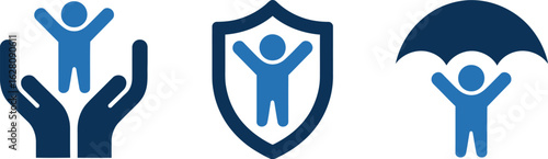 Three blue icons representing protection safety and security for people