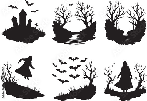 Spooky Halloween scenes with ghosts, bats, and creepy trees