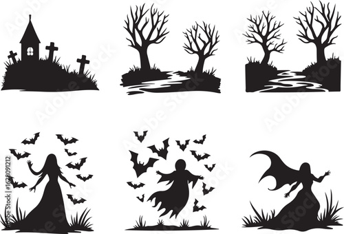 Haunting Halloween silhouettes: graveyard, witches, ghosts, bats