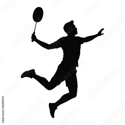 Silhouette of a badminton player jumping to hit a shuttlecock, isolated on white background an indoor sport for fitness, exercise, and competitive match