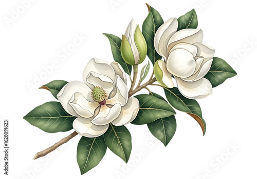 White Magnolia Flowers on a Branch with Green Leaves and Buds - Isolated on transparent backgrouWhite Magnolia Flowers on a Branch with Green Leaves and Buds - Isolated on transparent background
Wh